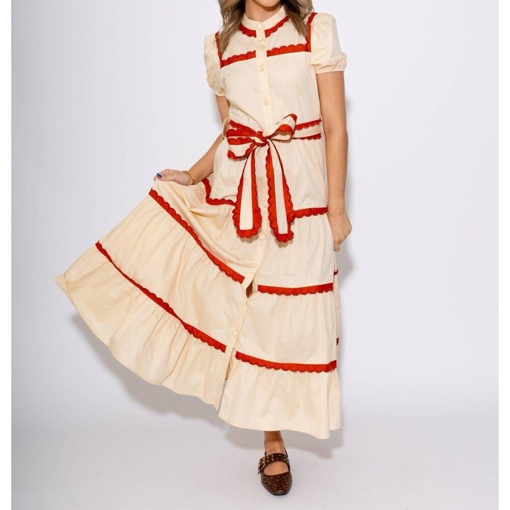 TCEC Women’s NWOT Maxi Dress LARGE Scallop‎ Stitch Bow Tie Tiered Puff Sleeve